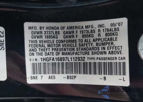 2007 Honda Civic Ex из США, поврежденный, VIN 1HGFA16897L112932
